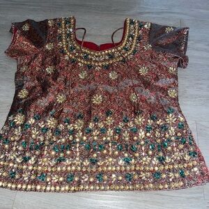Pakistani Embellished Red & Gold Women's Top Medium